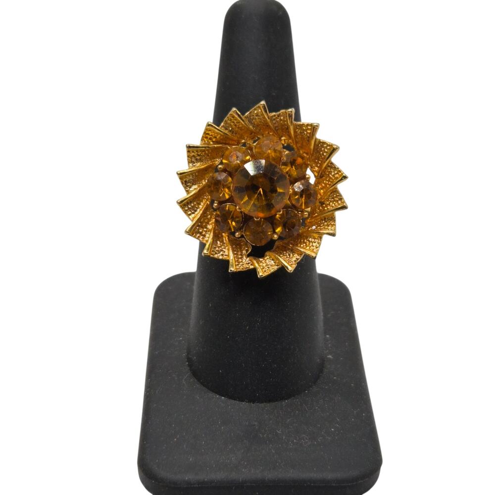 Vintage Amber Rhinestone Cocktail Ring Gold Tone Sunburst Statement Adjustable